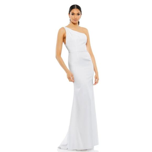 NWT Ieena for Mac Duggal White One Shoulder Jersey Mermaid Gown – Size 2 - Picture 1 of 9